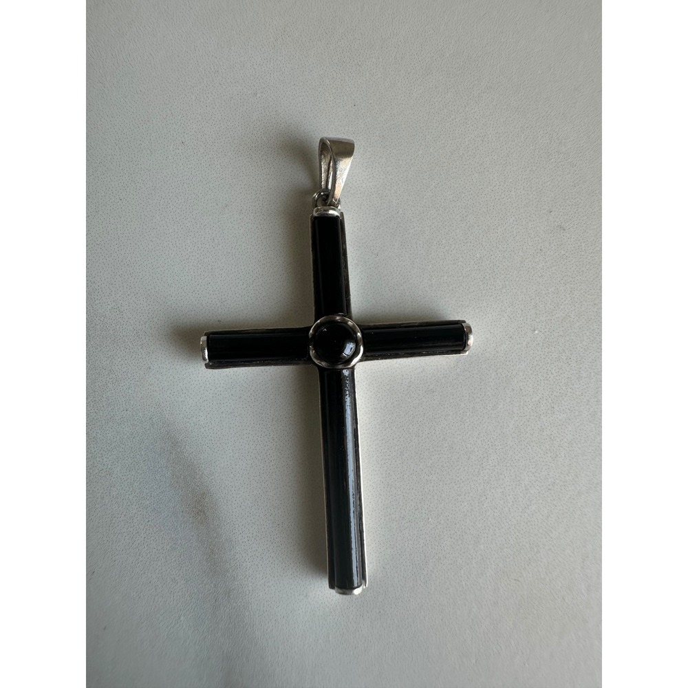 Vintage Sterling Silver Black Onyx Style Cross Pendant Religious Goth 2.63g